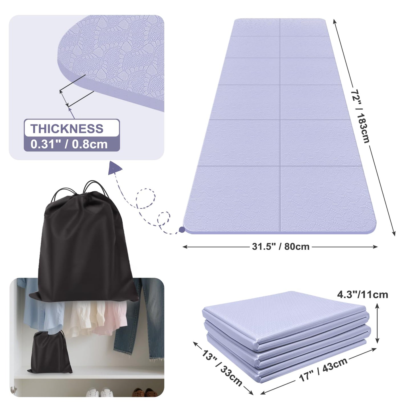 Kanonmaori Foldable Yoga Mat for Travel 72"x 31.5"x 0.32"Inch, 8mm Thick Folding Exercise Mat, Non-slip Pilates Mat for Women & Men, Travel Yoga Mat Packable for Workout and Fitness(purple)