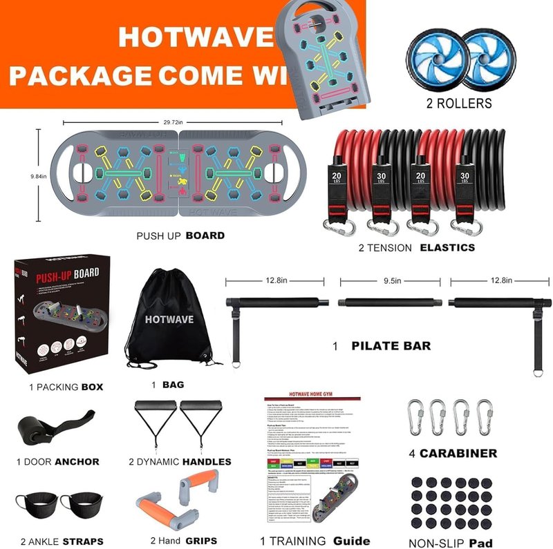 HOTWAVE Portable Exercise Equipment with 16 Gym Accessories,20 in 1 Push Up Board Fitness,Resistance Bands with Ab Roller Wheel,Full Body Workout at Home