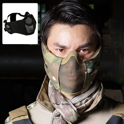 AOUTACC Airsoft Mesh Mask, Half Face Mesh Masks with Ear Protection for CS/Hunting/Paintball/Shooting (Mesh Ear, BK)