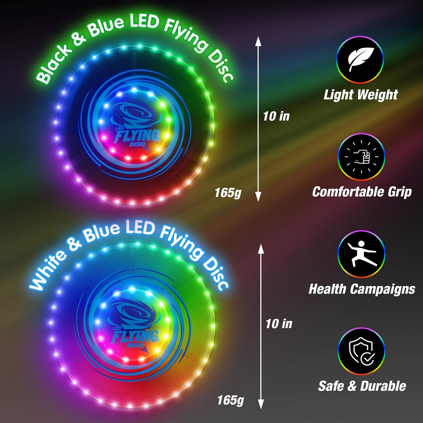 HYES 2 Pack Light up Flying Discs for Kids, 45 LEDs, 14 Lighting Modes, Rechargeable Glow in The Dark Flying Ring for Beach, Summer Camping, Outdoor Game, Sport Toys Gift for Teens Boys Adult