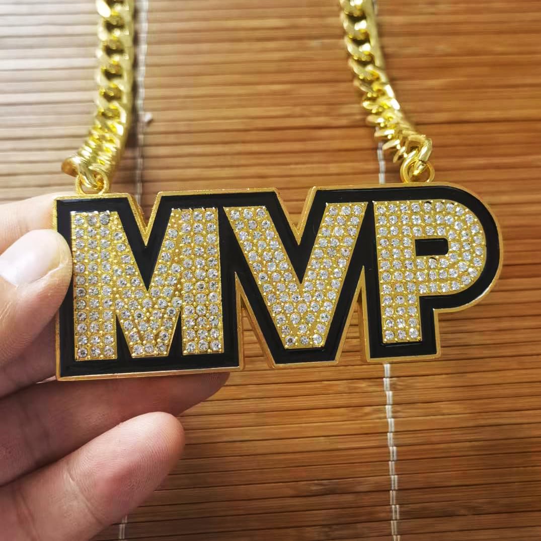 guancrown MVP Necklace Chain Medal, Gold MVP Pendant Award Winner Prize Trophy Award Necklace For Adults Player Team Football Soccer Baseball Basketball Softball Fantasy Football Chain (gold)