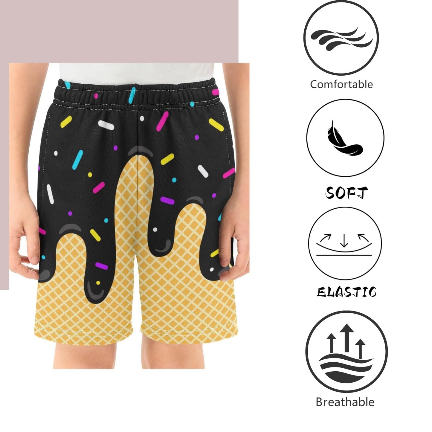 Ice Cream Boys Casual Shorts Athletic Gym Drip Baseball Shorts Elastic Waist with Pockets, Summer Sports Outdoor Home Wear Black 11-12 Years