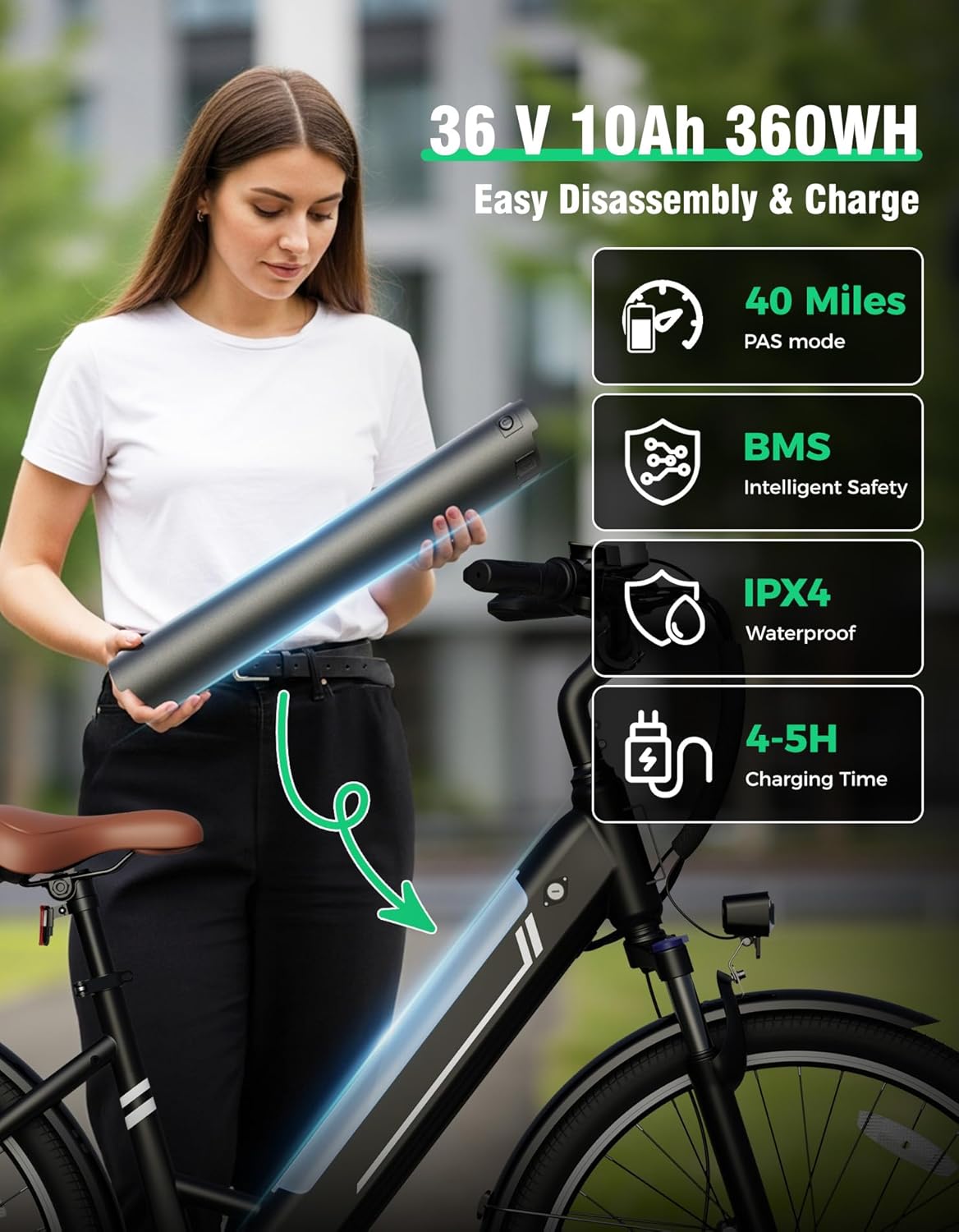 Electric Bike for Adults, 26" Up to 1000W Peak Motor Ebike 45+ Mile Range Brushless City Ebike, 25Mph 7-Speed Commuter E-Bike with Removable 360Wh Battery for Commuting, Outdoor Leisure