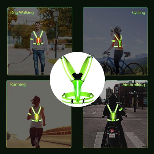 Pomerol LED Reflective Vest Running Gear High Visibility Reflective Running Gear Rechargeable Light Up Running Vest for Walking Running Cycling, Adjustable for Men Women ( 4Lights Colors +LED Wrist)