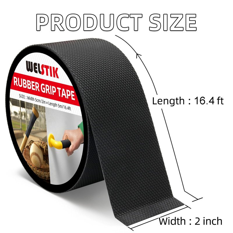 WELSTIK Rubber Grip Tape, Ultra Strong Sweat Absorbent Anti Slip Tape with Textured Adhesive for DIY Tools & Gadgets (Black, 2In x 16.4Ft)