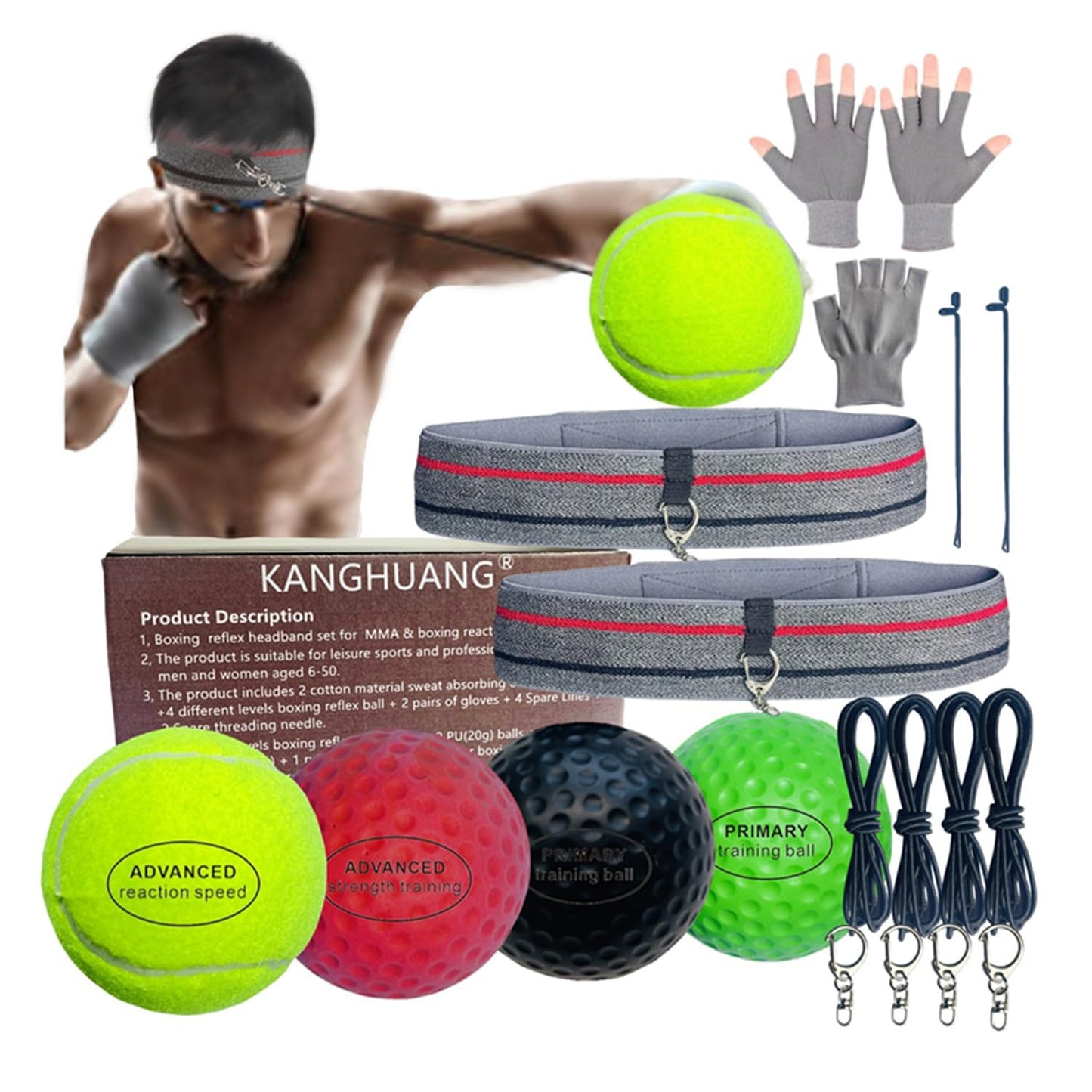 KANGHUANG Boxing Balls Headband Set for MMA Boxing Reaction Training 4 Different Levels Balls+2 Sweat Absorbing Headbands+4 Iron Buckle+4 Spare Lines+2 Spare Needle+2 Gloves for All People