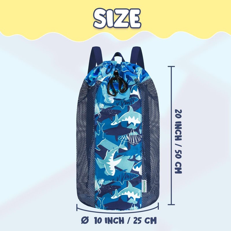 Shark Large Mesh Beach Bag for Kids, Kids Drawstring Beach Backpack for Boys, Tote Mesh Beach Toys Bag, Swim Pool Toys Balls Storage Bags Gym Bag, Beach Toy Shells Organizer
