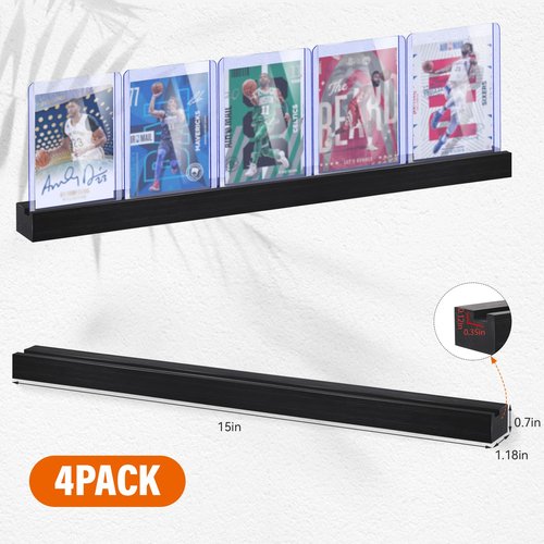 Famaster Sports Card Display Shelf for Wall, Holds 20 Trading Cards, 4PCS Wooden Card Holder for Baseball, Football, Basketball, and Graded Card Collection, Black