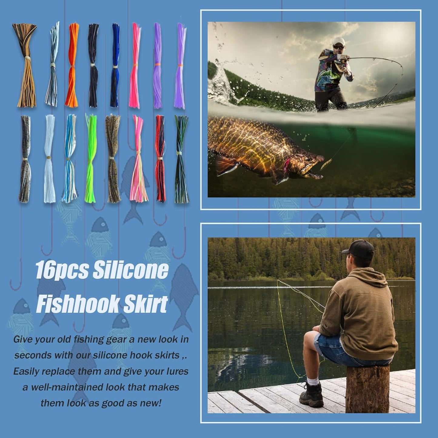 16 Pack Silicone Skirts for Fishing Lures, Jig Skirts for Bass Fishing, Jig Skirt Material, Rubber Legs Fly Tying, Spinner Bait Skirts for Bass Fishing