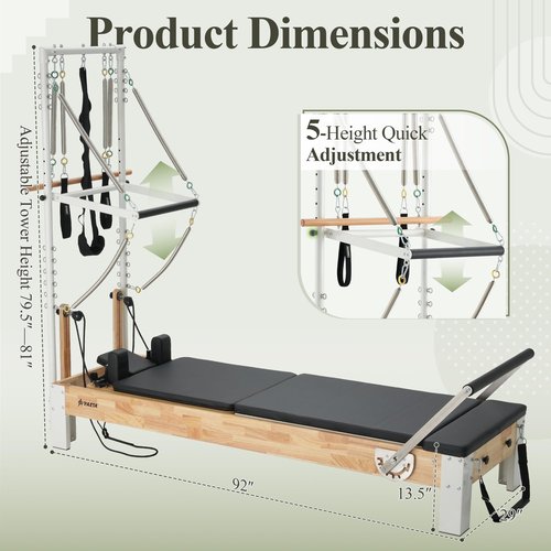 PAETA Pilates Reformer, Wooden Reformer Pilates Machine with Tower & Mat, Pilates Equipment for Home Workout and Studio, Includes Sitting Box, Jumpboard