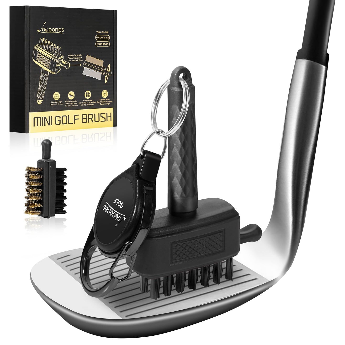 Joooones Mini Golf Club Cleaning Brush with Nylon/Copper Bristles and Retractable Buckle - Portable Pocket Brush Easy to Carry Clean Without Leaving Marks Exquisite Packaging Gift for Golfer(Black)
