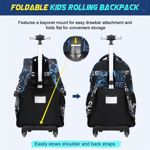 Scothen Rolling Backpack for Boys, Cool Luminous Gamer Roller School Backpacks for Boys with Lunch Bag and Pencil Pouch, Kids Backpack Bookbag with Wheels for Kindergarten Elementary Middle School