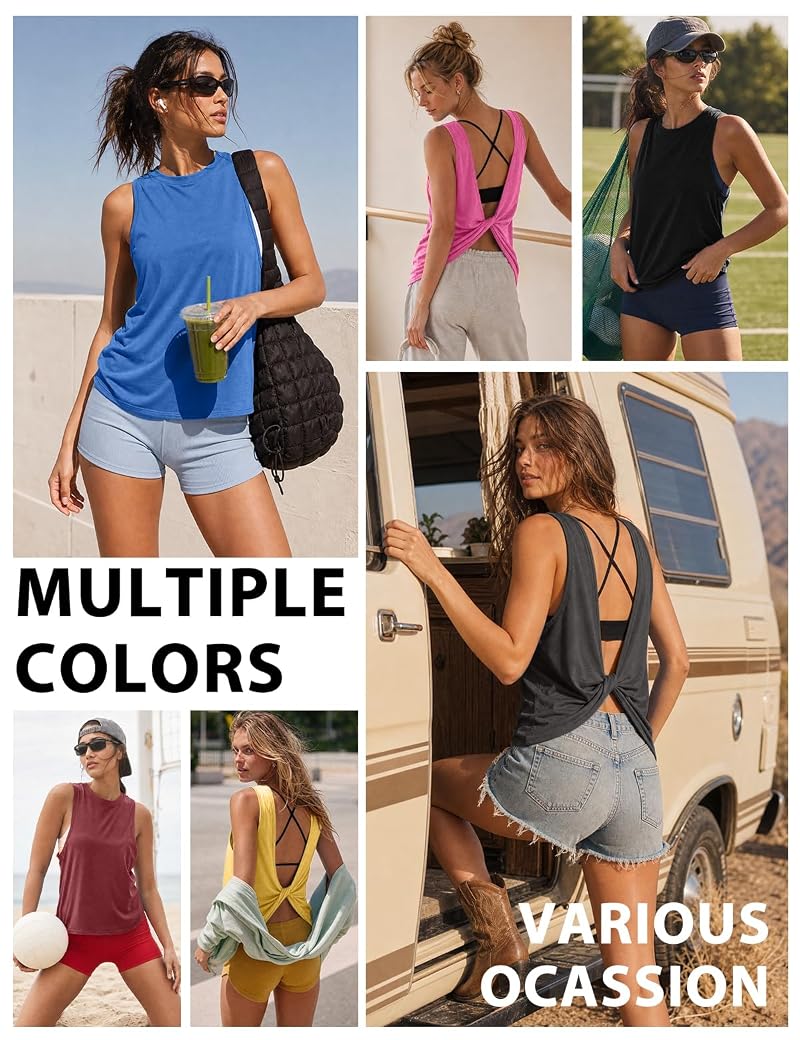 Turvand Women Open Back Tank Top - Sleeveless Gym Run Yoga Fitness Tee, White, Small