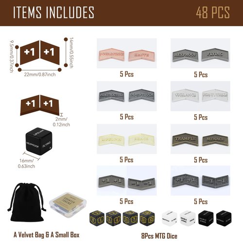 48Pcs MTG Counters/Keyword Counter Tokens & MTG Dice Set for Magic Card, Mix Antique Metal Buff Counter Tokens Creature Stats or Loyalty Counters for TCG Card Gaming Accessories