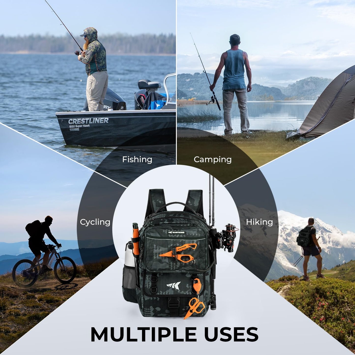 KastKing BaitSpace 50L Fishing Tackle Backpack with Removable Bait Binder & 4 Tackle Boxes,2 Rod Holders Storage Fishing Gear and Equipment,Black Camo