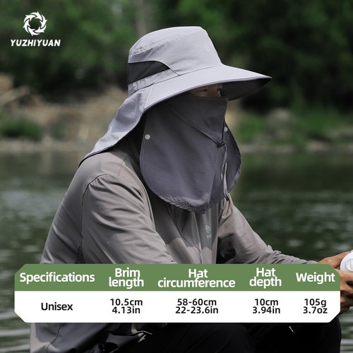 yuzhiyuan Sun Hat UPF 50+, Wide Brim & Face Neck Flap Fishing Hat for Men Women, Summer Outdoor Hat Adjustable, UV Protection Hat Sweat-Wicking Band & Windproof Design Dark Gray
