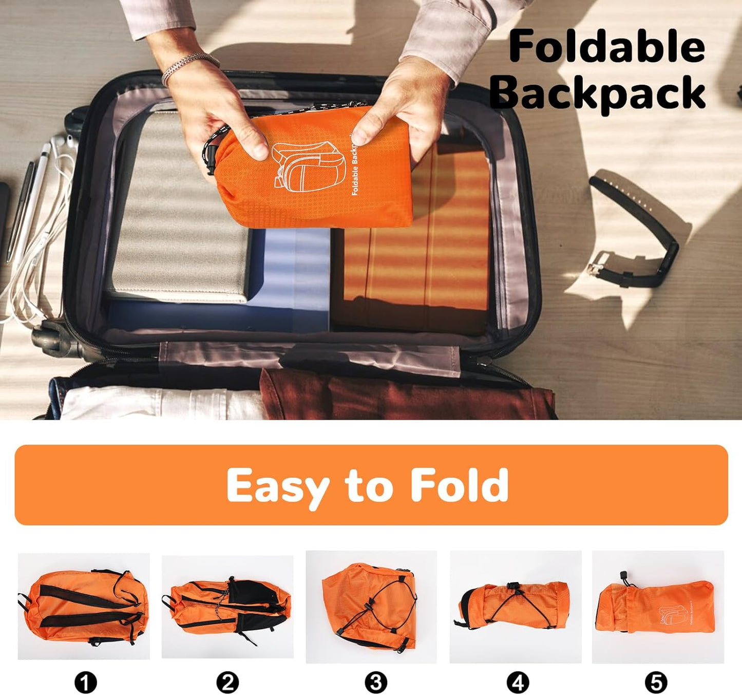 15L Small Foldable Hiking Backpack for Men Women, Packable Collapsible Daypack for Casual, Light Gray