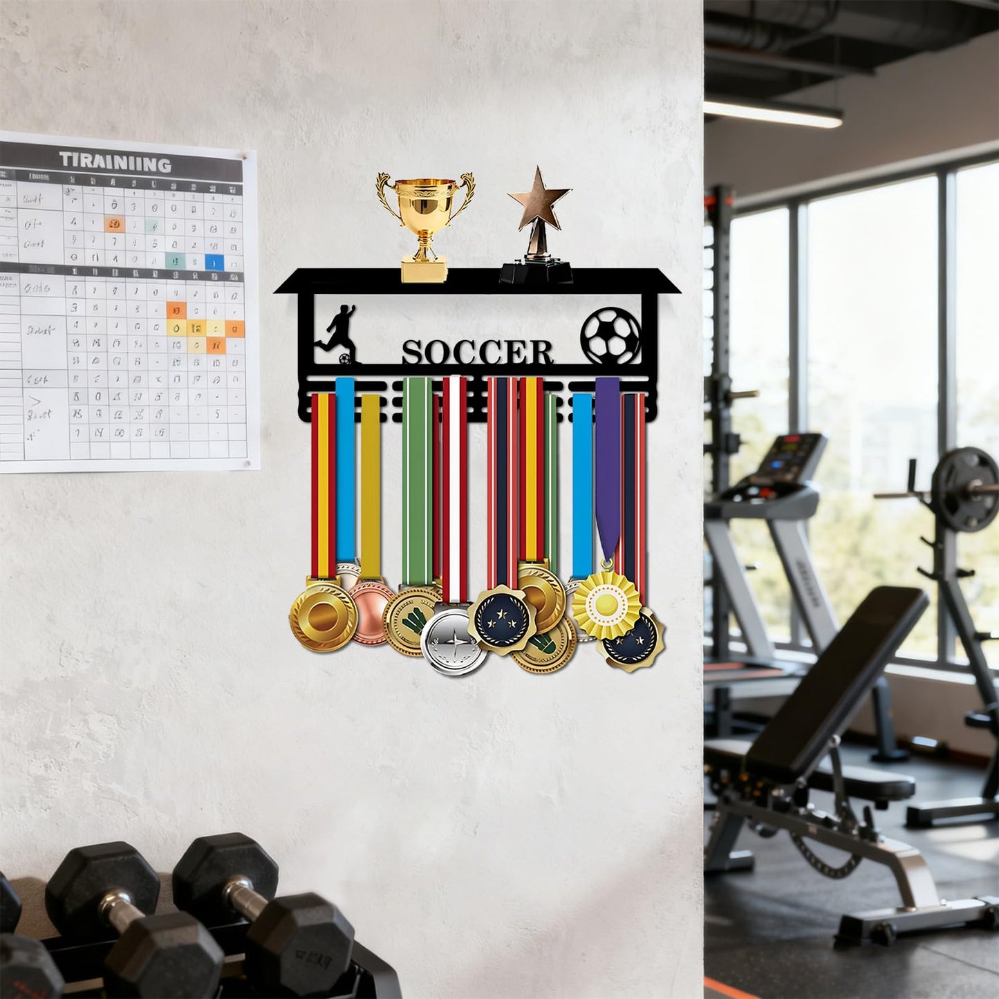 Resama World Cup Soccer Medal Hanger Holder Display Rack with Trophy Shelf, Holder for Awards Ribbons Personalized Medal Sports Themed Race Ribbon Holder for Wall Metal Display for Men Boy Girl Kid