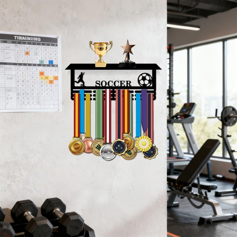 Resama World Cup Soccer Medal Hanger Holder Display Rack with Trophy Shelf, Holder for Awards Ribbons Personalized Medal Sports Themed Race Ribbon Holder for Wall Metal Display for Men Boy Girl Kid