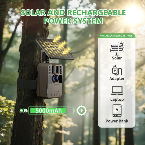 bopopo Solar Trail Camera 4K WiFi, 64MP Game Camera with 0.1s Motion Activation, Night Vision, IP67 Waterproof, Built-in 5000mAh Battery & 64GB Card, UHD 30fps