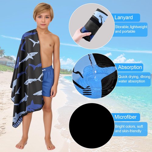 MelonBoat Large Microfiber Beach Towel: Bright Blue Cyan Shark Beach Towel for Travel, Super Absorbent Quick Dry Sand Free, Lightweight Compact for Kids Trip Vacation Bath Camping Pool Swim, 1 Pack