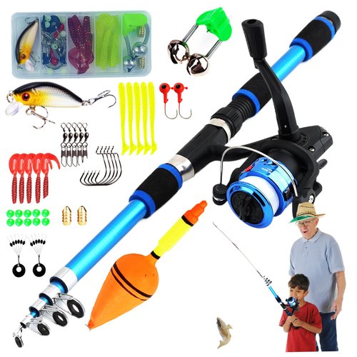 Kids Fishing Gear Set, 5.9ft Portable Telescopic Kids Fishing Pole and Reel Combos and String with Line Full Kits Complete Fish Accessory Set with Carrying Bag for, Boys, Girls