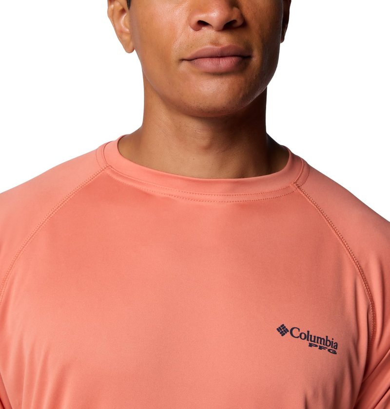 Columbia Men's Terminal Tackle Long Sleeve Shirt, Faded Peach/Collegiate Navy Logo, X-Large