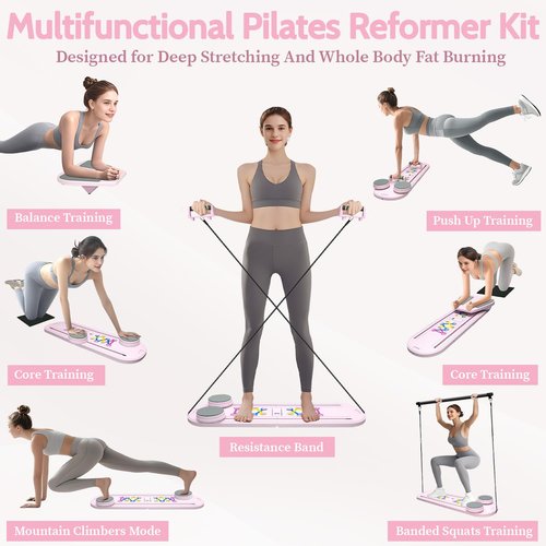 Pilates Reformer Set, Pilates Board, Multi-Purpose Foldable Pilate Reformer Board for Home, 6 in 1 Pilate Sliding Board for Women and Men (Pink, 38.6 x 12 in)