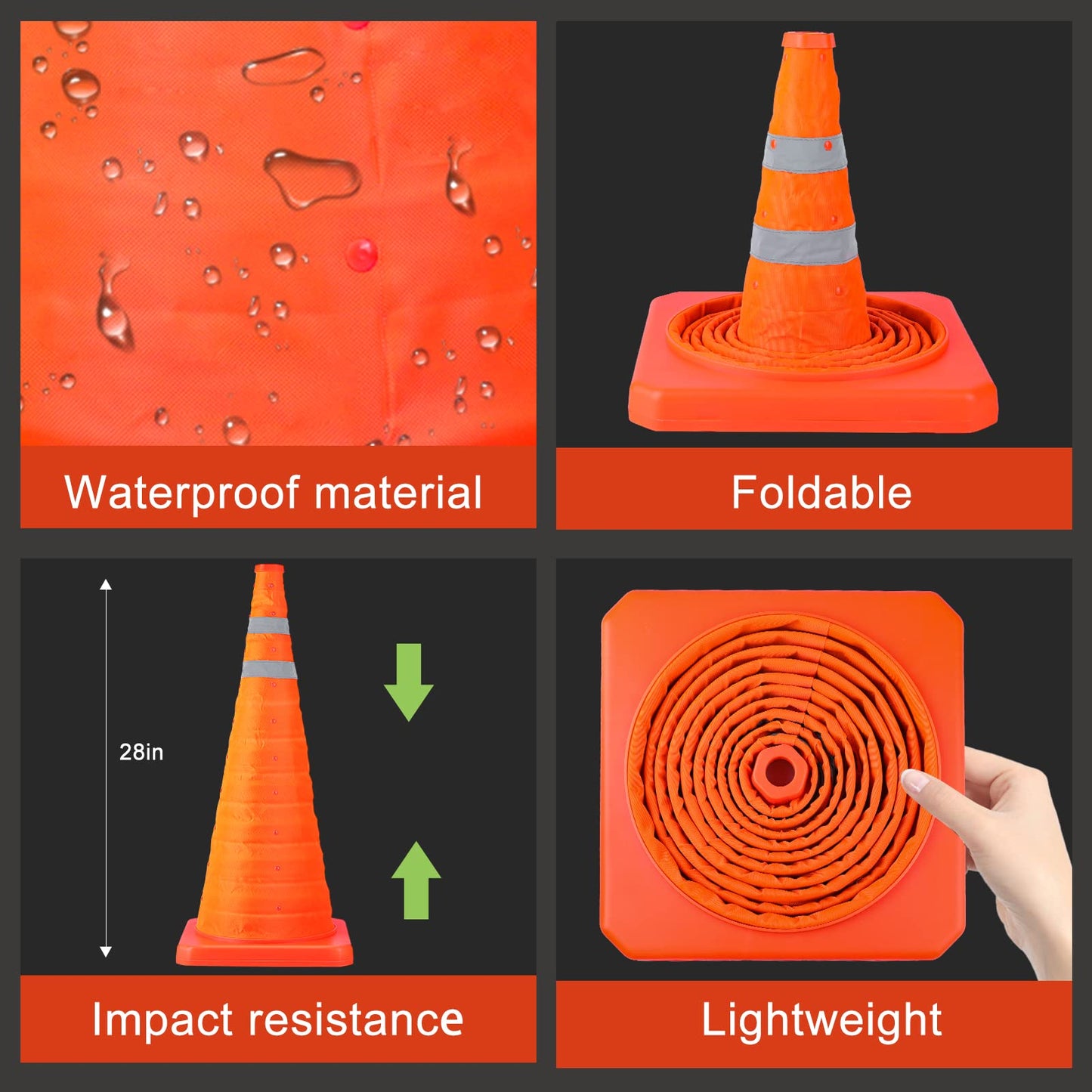 TENKAIWICK 28 Inch 4 Pack Traffic Cones with Storage Bag, Collapsible Safety Cones, Multi Purpose Pop-up Cones with Reflective Collar, Orange Cones for Parking lot, Driveway, Driving Training etc