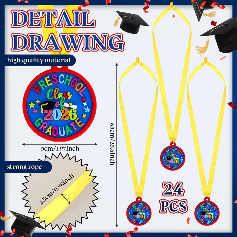 Sratte 36 Pcs Kindergarten Prek Preschool Graduation Medals for Kids, Bulk Kinder Pre-k Graduation Gifts with Yellow Ribbon, End of Year Student Gifts Party Favors Supplies, 2 Inch (Class of 2026)