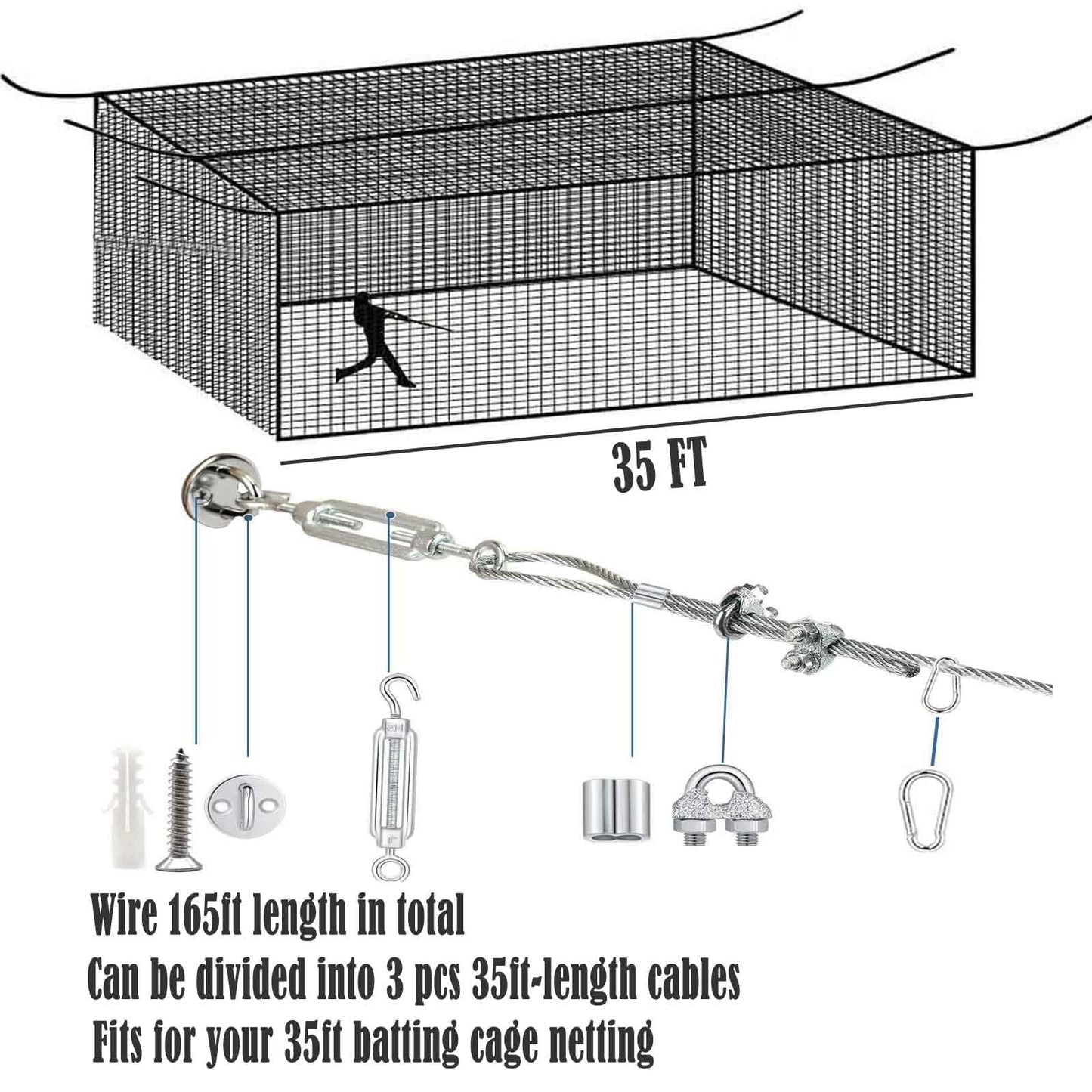 Jecarden Batting Cage Netting Wire Tension Kit for 35FT Batting Cage Cable Suspension Kits Batting Cage Netting Baseball Softball DIY Net Hanging Kit Indoor and Outdoor Backyard Design