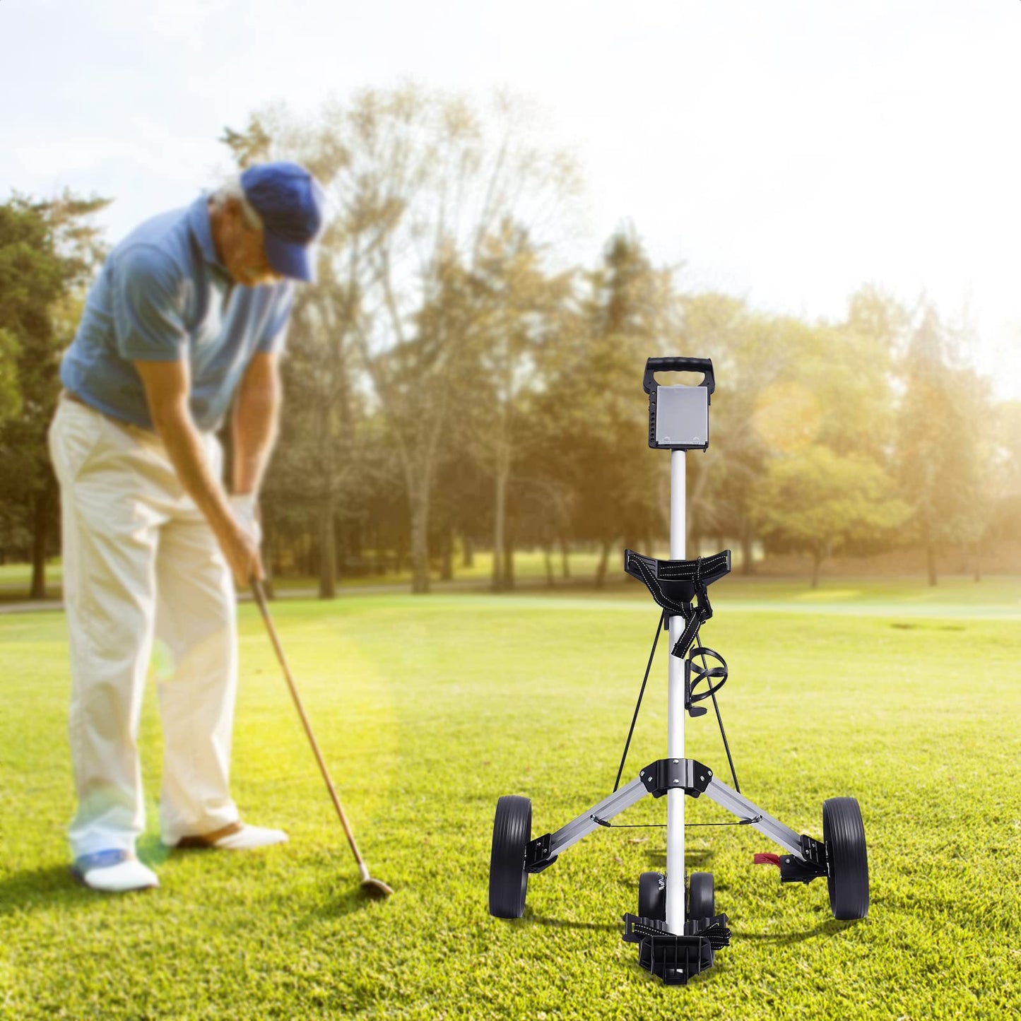 IOUSSJC Golf Push Carp, Golf Push Cart 3 Wheel, Folding Golf Cart for Most Teenagers and Adults As Well As Golf Courses, Gyms, Schools, Adjustable Straps