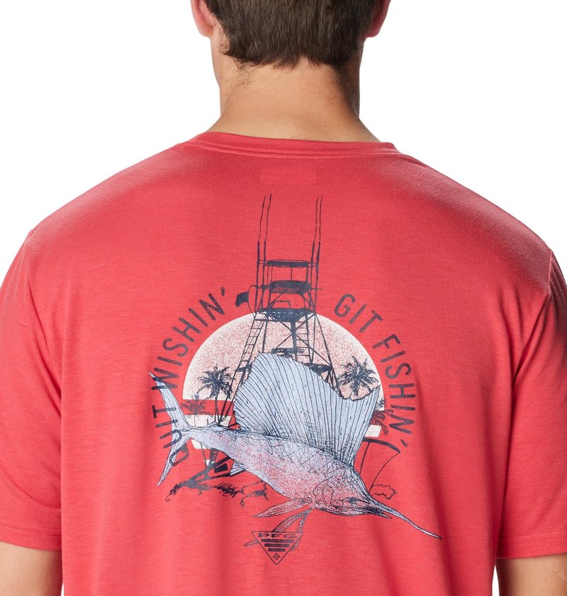 Columbia Men's PFG Sail Tower Tech Tee Short Sleeve, Sunset Red/PFG Sail Tower Graphic, Large