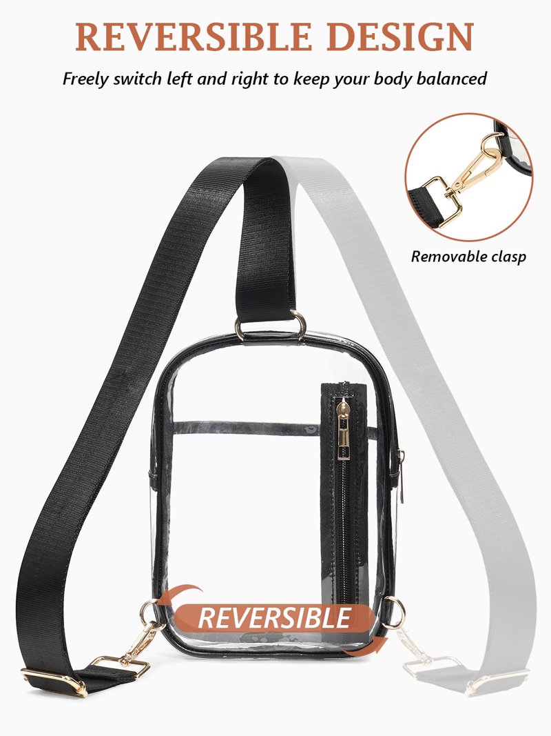QOECI Clear Bag for Stadium Events 12 x6 x12, Clear Crossbody Bags For Women Men With 2 Extra-Long Staps, Transparent Purses Backpack Sling Belt Fanny Pack Stadium Approved For Concert Sport, Black