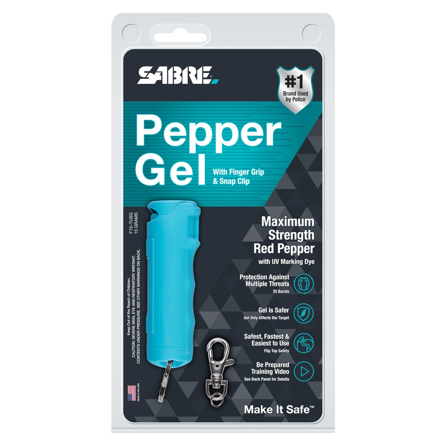 SABRE Pepper Gel Spray with Fast Flip Top Safety & Snap‑Clip Keychain for Self Defense - Max Police Strength OC with UV Marking Dye, Finger Grip, Wind Resistant, 10‑Sec. Spray, 14ft Range, Made in USA