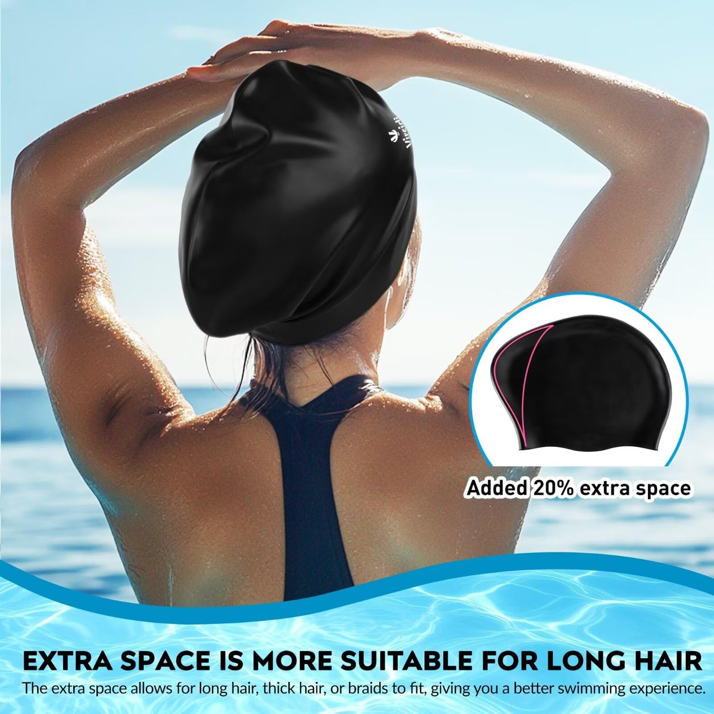2 Pack Large Swim Caps for Long Hair, Silicone Swimming Cap for Adult Women Men, Waterproof Swim Hats Bathing Caps to Keep Hair Dry with Bonus Nose Clip and Earplugs-01