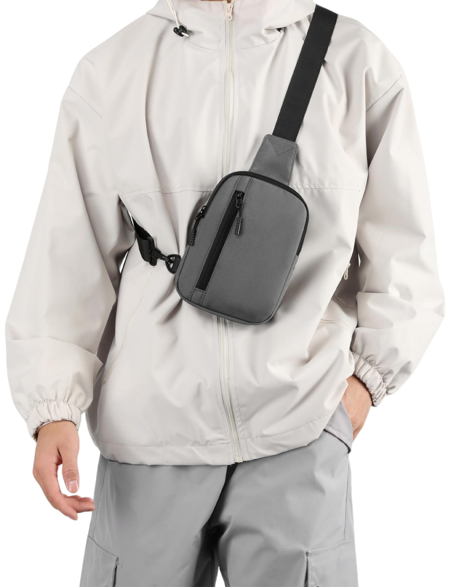 Peicees Mens Mini Sling Bag Chest Shoulder Bag Women Crossbody Phone Holder with Reversible Strap and Dual Pocket, Grey