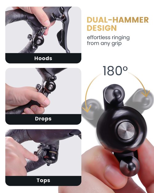 RAVEMEN Q3 Road Bike Bell, Dual-Hammer Copper Alloy Bicycle Bell for Adults Fit Handlebars up to 47mm, Lightweight for Most Grip Positions, Easy Installation