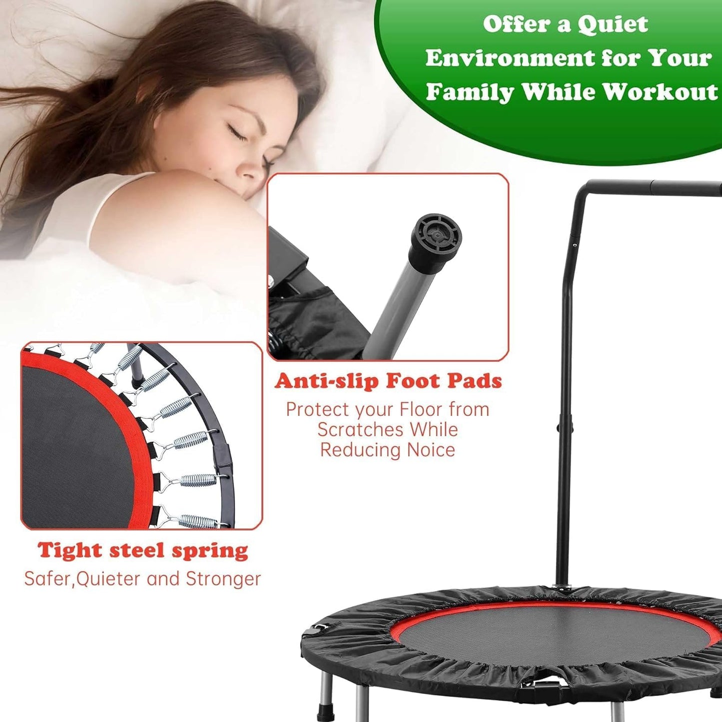 HYD-Parts 40" Mini Trampoline for Adults and Kids Exercise Rebounder Trampoline with Adjustable Bar Fitness Trampoline Indoor & Outdoor, Max Load 330lbs