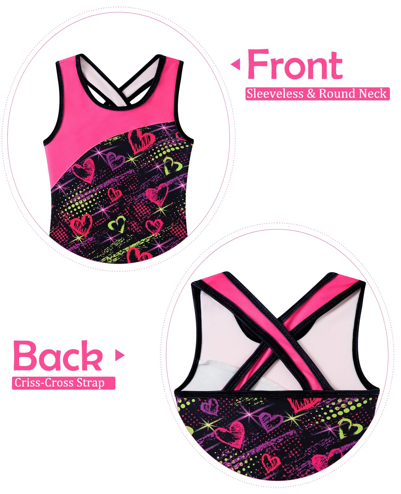 uideazone Girls Gymnastics Leotards Size 10 Pink Hearts Sleeveless Tumbling Outfit for Girls Criss-Cross Strap Unitard Biketards in Dance Class