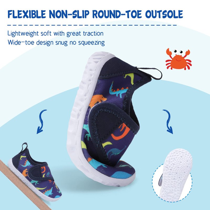 LeIsfIt Toddler Water Shoes Boys Girls Barefoot Aqua Socks Kids Breathable Quick-Dry Swim Shoes for Beach Pool Surf, Blue Dinosaur, 5 Toddler