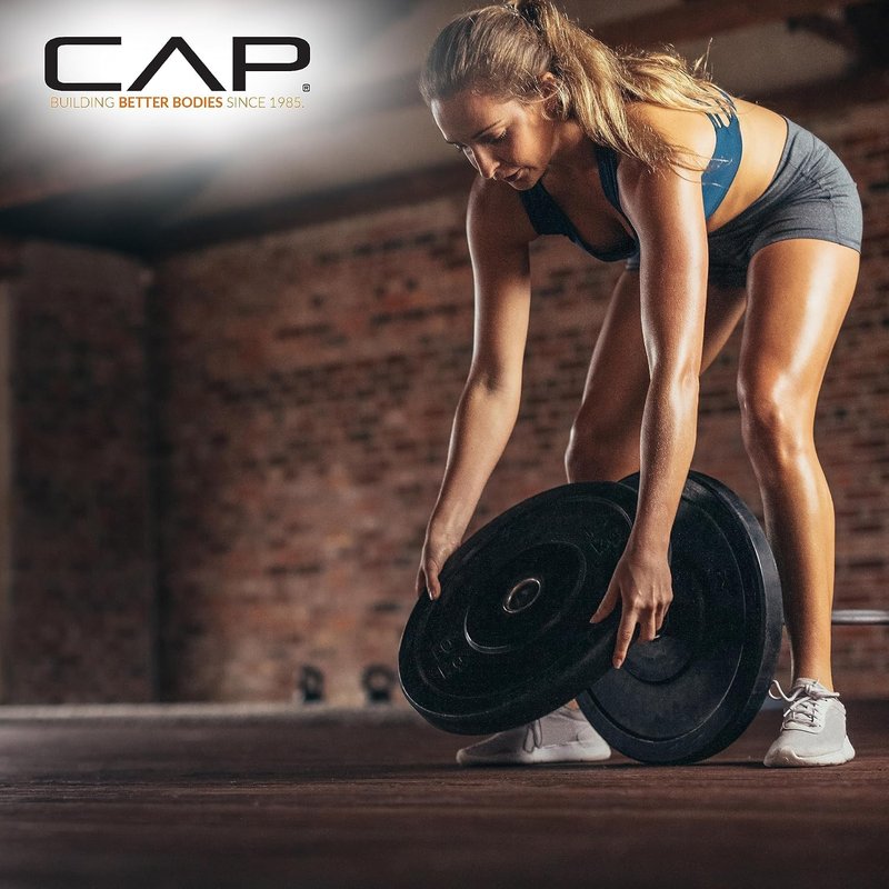 CAP 190 lb Economy Speckled Olympic Bumper Plate Set with Compact Storage Rack, 2-Inch Olympic Plates, Medium Bounce Rubber Weight Plates with Steel Hub, 4 Weight Posts & 2 Barbell Holders for Weightlifting, Strength Training & Home Gym Workouts