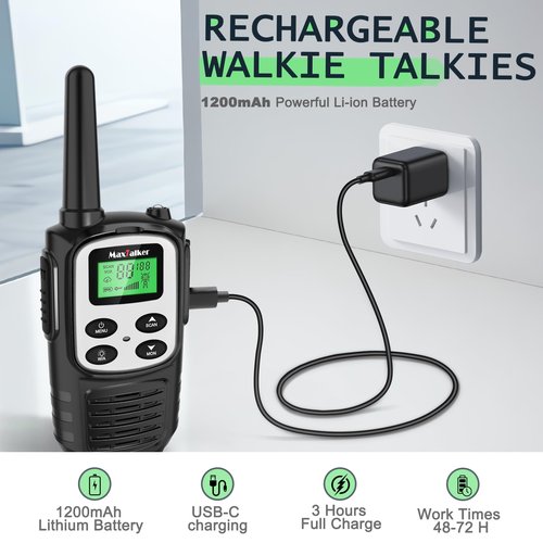 MaxTalker Walkie Talkies Long Range for Adult, MT10 Rechargeable Walkie Talkies FRS Two Way Radio, NOAA, 1200mAh Li-ion Battery USB-C Cable, LED Flashlight,VOX Walkie Talkie for Camping 2Pack (Silver)
