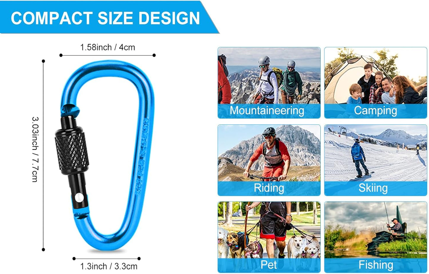 10 Pack Aluminum D Ring Key Rings Hiking Clips Locking Carabiner for Hiking Camping Fishing and Outdoor Use,Clips with Screw Gate Multicolored