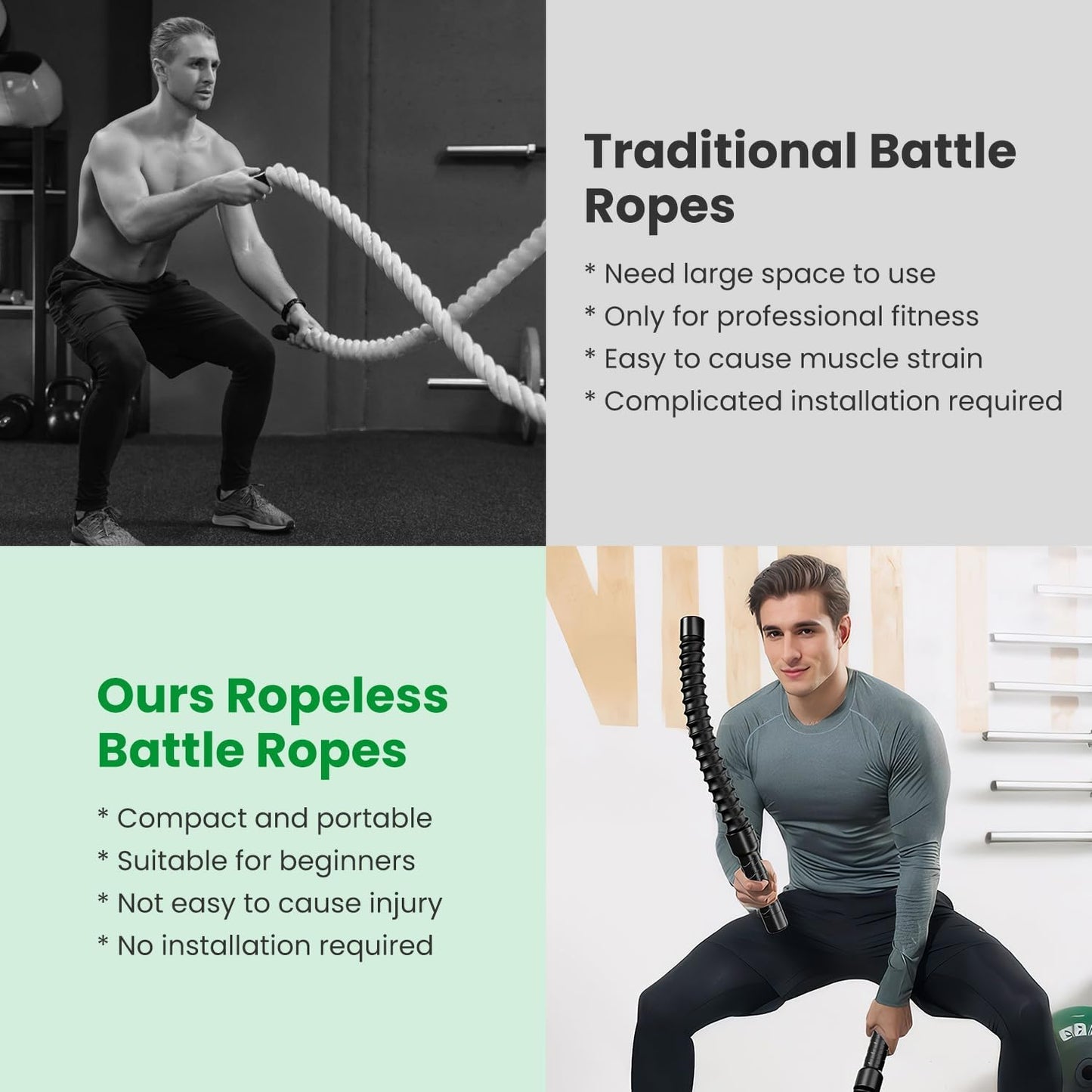1Pair Ropeless Battle Ropes for Home Portable Compact Workout Exercise Training Battle Rope with Waist Strap for Women Men Strength Training Spring Bar