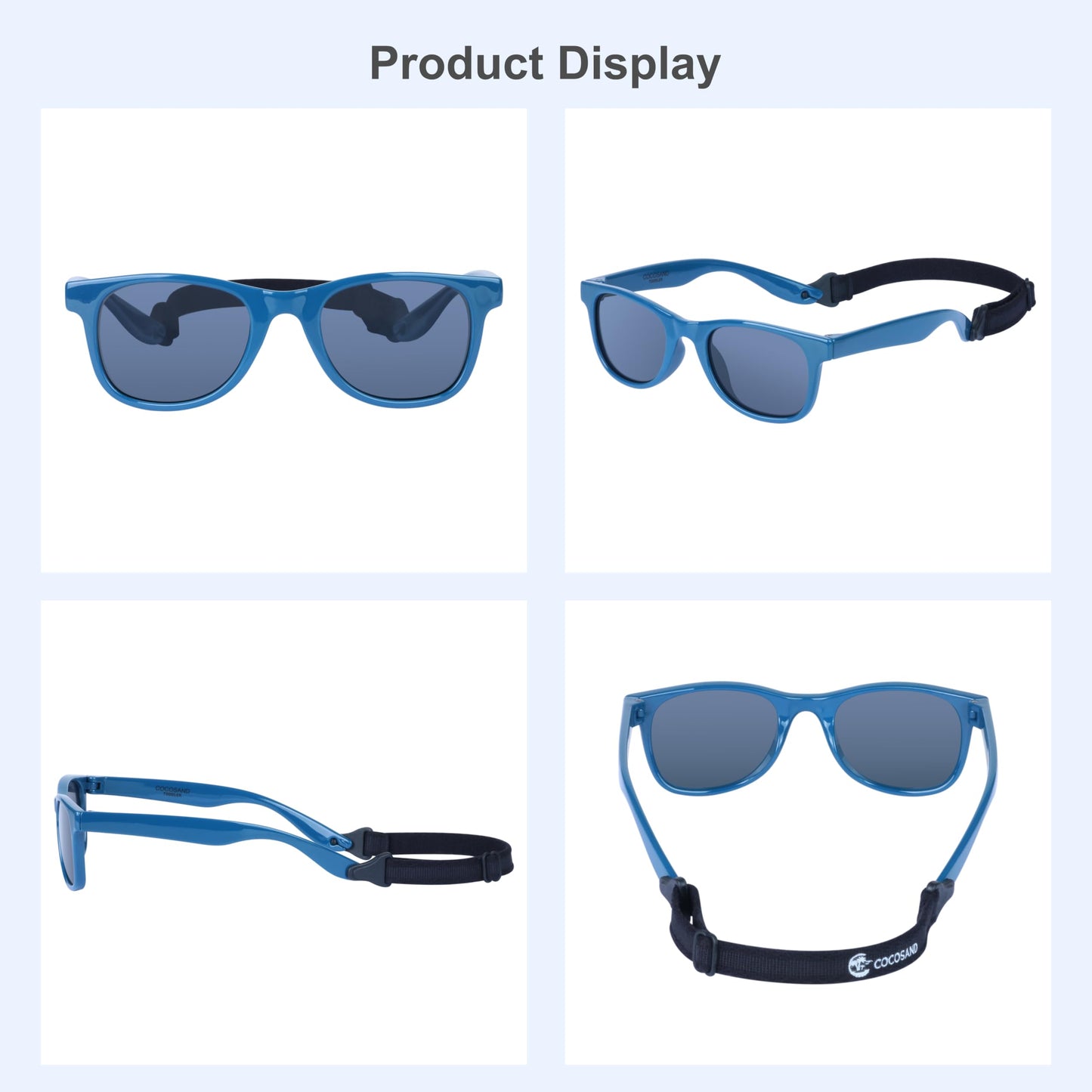 COCOSAND Toddler Baby Sunglasses with Strap Polarized Flexible Square Frame UV400 Protection for Kids Girl Boy Age 2-6, Navy Blue