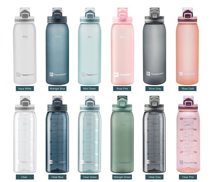 Teentumn 30oz Sport Water Bottle with Time Markers, Large Durable Gym Plastic Bottle Tritan BPA Free for Fitness, School, Outdoor Enthusiasts, Leakproof Clear (Pack of 1)