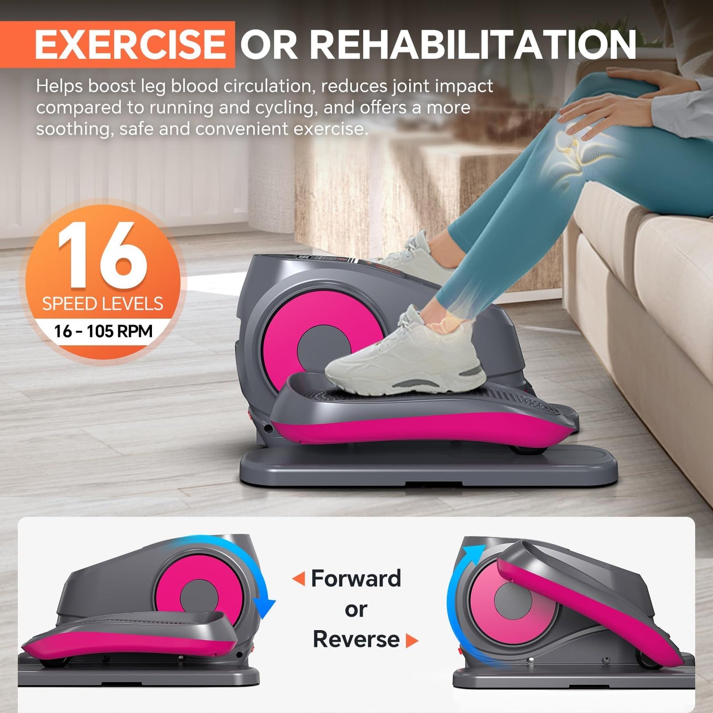 16 Levels Speed Under Desk Elliptical Machine, Electric Ellipse Leg Exerciser Pro As Seen On TV, Forward & Reverse Direction,Quiet and Fully Assembled, Upgraded Manual Safety Power Switch