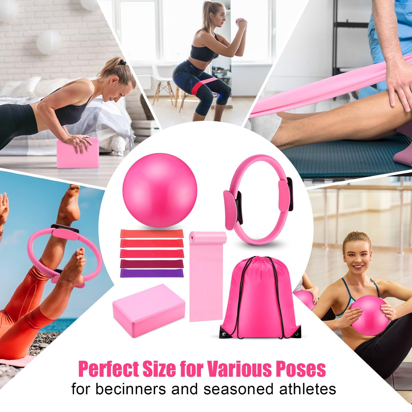 10 Pcs Pilates Ring Set for Women Home Yoga Equipment Accessories Pilates Ring Circle and Ball Workouts Gift Include Ball Yoga Circle Resistance Bands Block Straps Gym Bag(Pink)