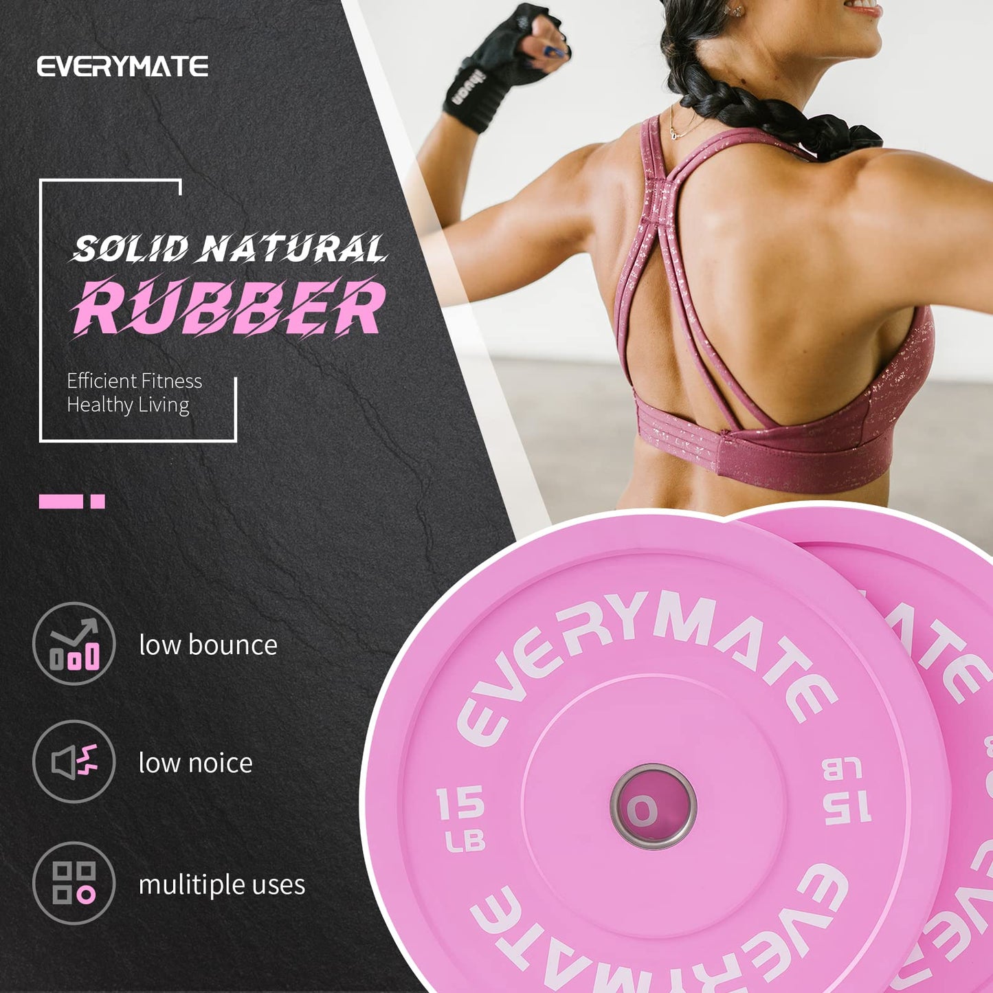 EVERYMATE Pink 15LB Olympic Bumper Plates Set, 2 Inch Bumper Plates for Cross Training and Weightlifting